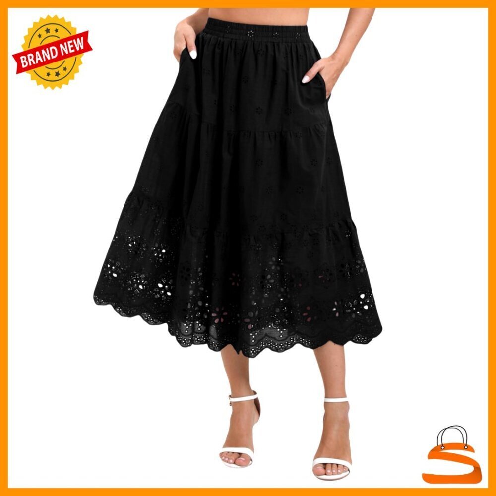 High Waist A-Line Midi Skirt Vintage Embroidery Lace Tiered Boho Summer